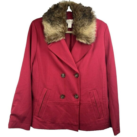 Chico's Women Coat Large Faux Fur Removable Collar Red Lined Long Sleeve Button - Picture 1 of 12